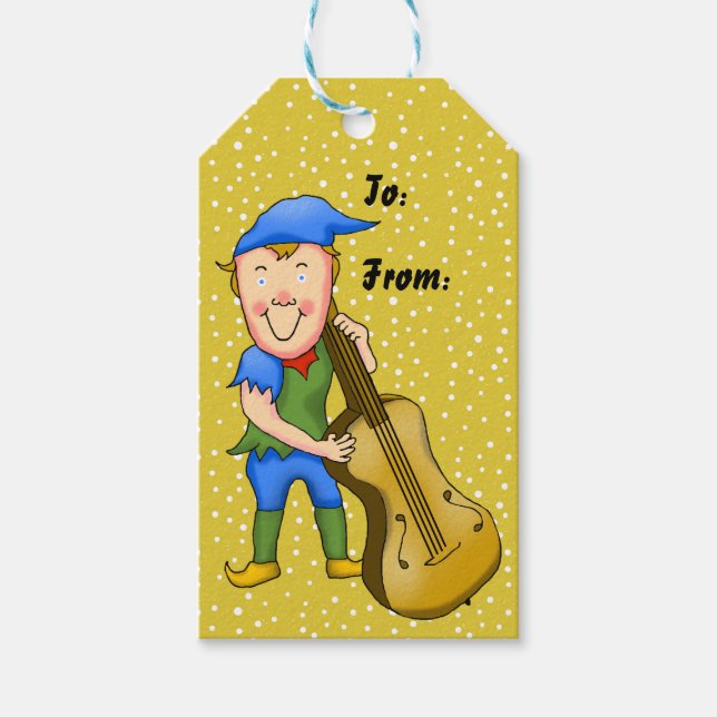 Bass Playing Elf Christmas Gift Tags (Front)