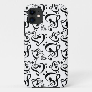 Bass Treble Clef Hearts Music Notes Pattern Iphone 11 Case by macdesigns2 at Zazzle