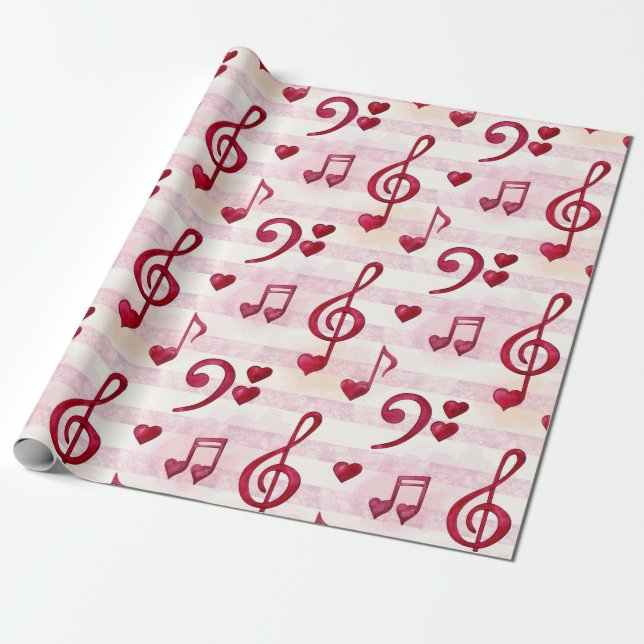 Bass, Treble Clefs, Musical Notes, Red Hearts Wrapping Paper (Unrolled)