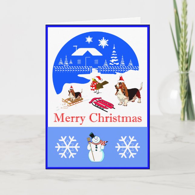 Basset And Bird Snowy Christmas Card (Front)