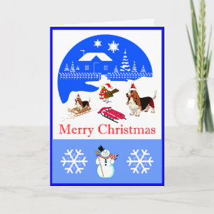 Basset And Bird Snowy Christmas Card