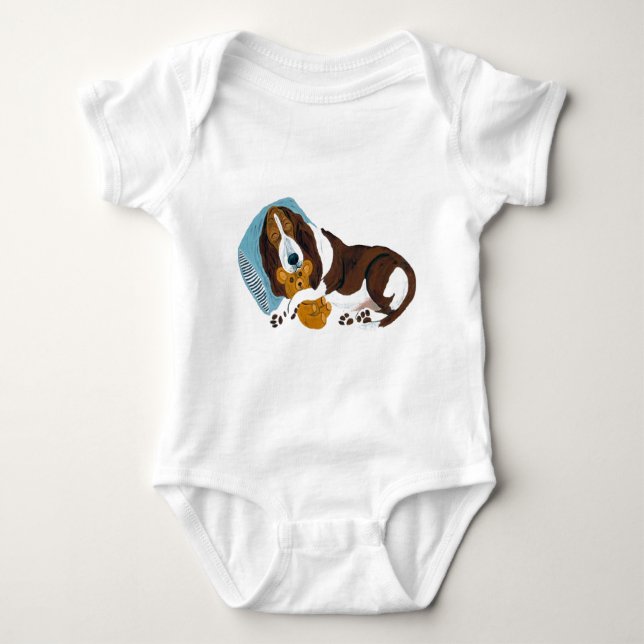 Basset Asleep With Teddy Baby Bodysuit (Front)