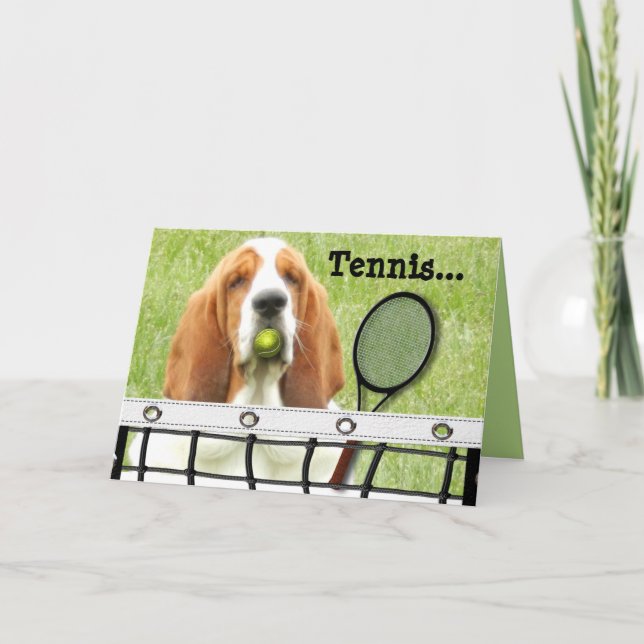 Basset Greeting Card with Tennis Racket and Ball (Front)