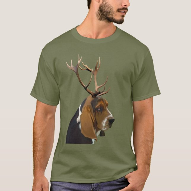 Basset Hound and Antlers T-Shirt (Front)