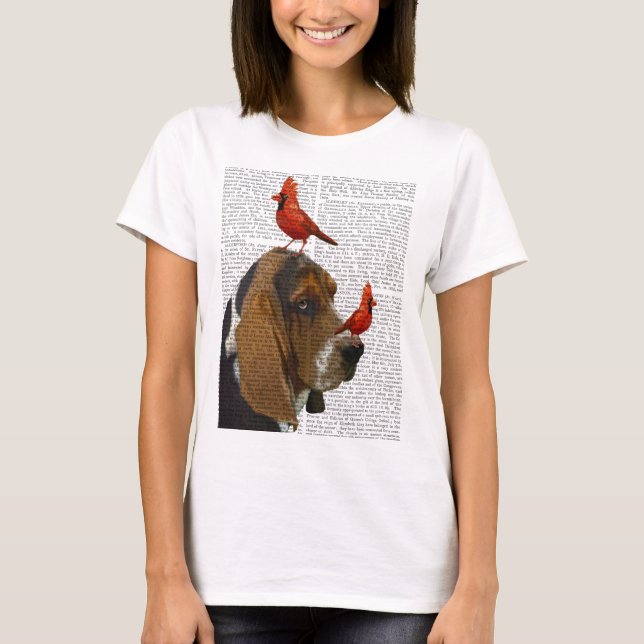 Basset Hound and Birds T-Shirt (Front)