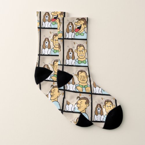 Basset Hound and Man in Photo Booth Funny Cartoon Socks