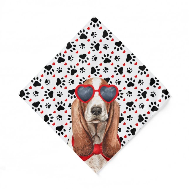 Basset Hound and Paw Prints Red White Black Dog Bandana (Front)