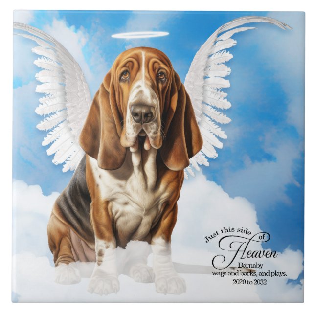 Basset Hound Angel Dog Personalized Pet Memorial Ceramic Tile (Front)