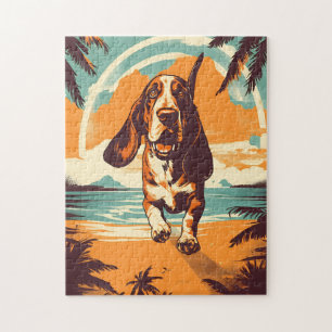 Basset Hound at a tropical beach during sunset Jigsaw Puzzle