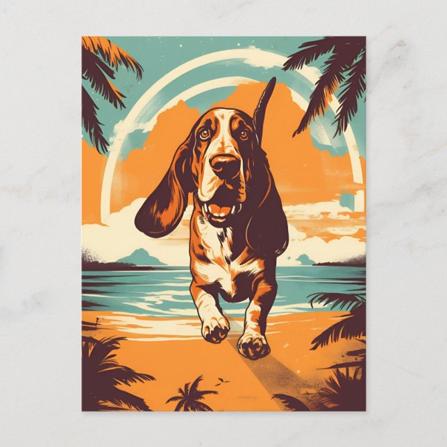 Basset Hound at a tropical beach during sunset Postcard (Front)