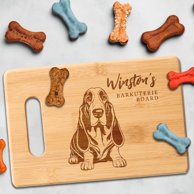 Basset Hound Barkuterie Dog Treat Wood Engraved Cutting Board (Basset Hound Dog Cutting Board Barkuterie Personalized with Dog's Name, Gift for Dog Mom, Dad, Owner)