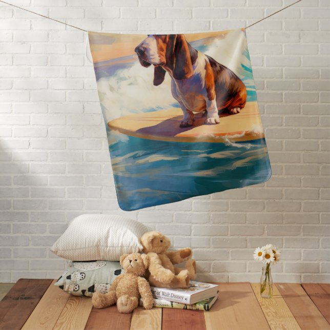 Basset Hound Beach Surfing Painting Baby Blanket (In Situ)