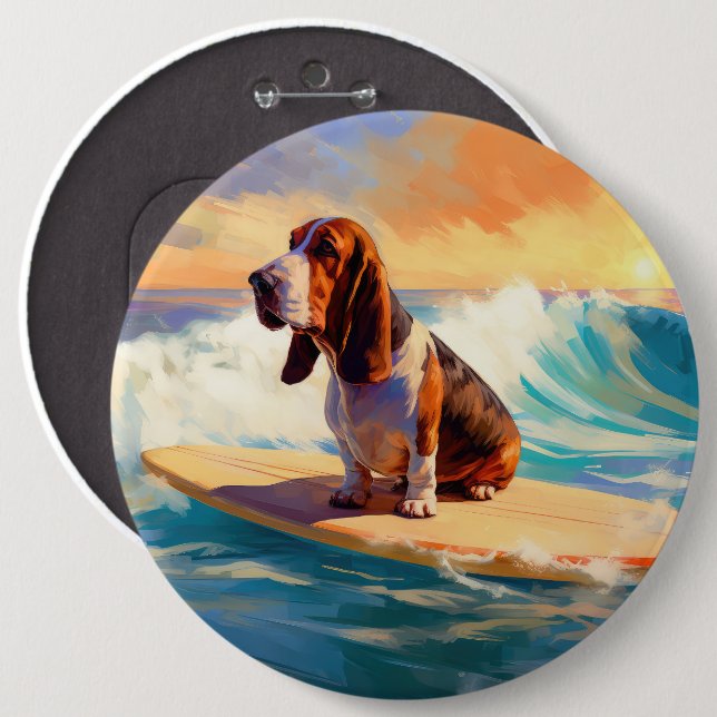 Basset Hound Beach Surfing Painting Button (Front & Back)