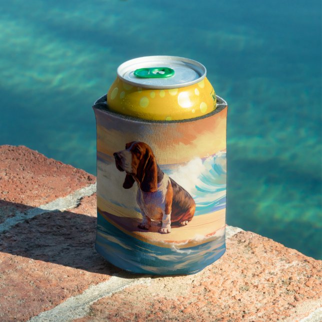 Basset Hound Beach Surfing Painting Can Cooler (In Situ Pool)