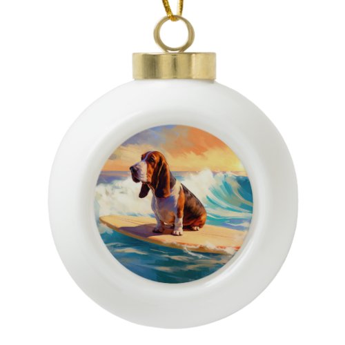 Basset Hound Beach Surfing Painting Ceramic Ball Christmas Ornament