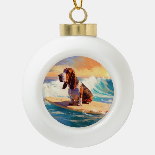 Basset Hound Beach Surfing Painting Ceramic Ball Christmas Ornament (Front)