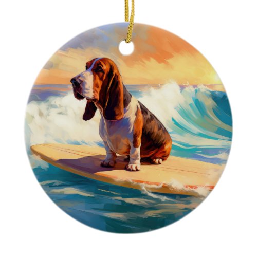Basset Hound Beach Surfing Painting Ceramic Ornament