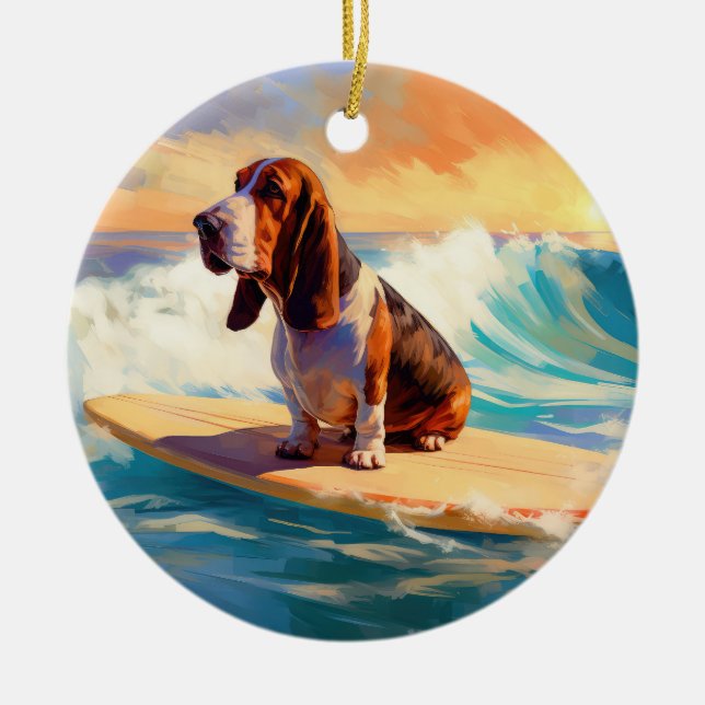 Basset Hound Beach Surfing Painting Ceramic Ornament (Front)