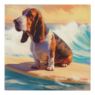 Basset Hound Beach Surfing Painting Faux Canvas Print