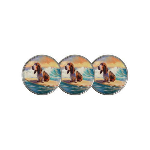 Basset Hound Beach Surfing Painting Golf Ball Marker