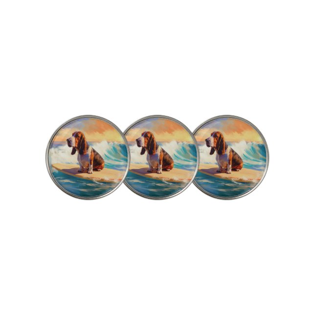 Basset Hound Beach Surfing Painting Golf Ball Marker (3 Up)