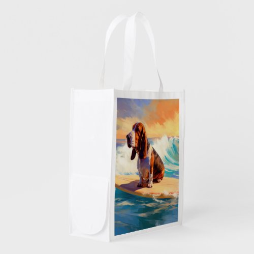 Basset Hound Beach Surfing Painting Grocery Bag