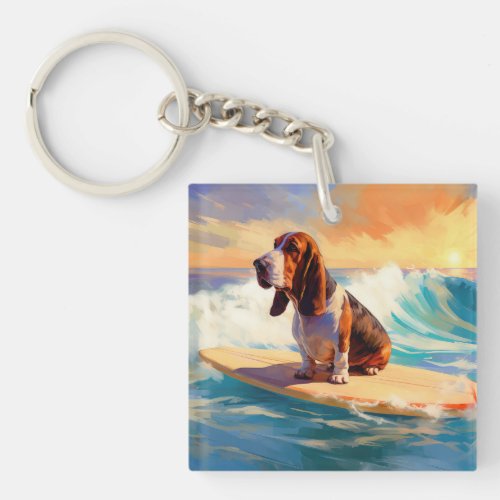Basset Hound Beach Surfing Painting Keychain