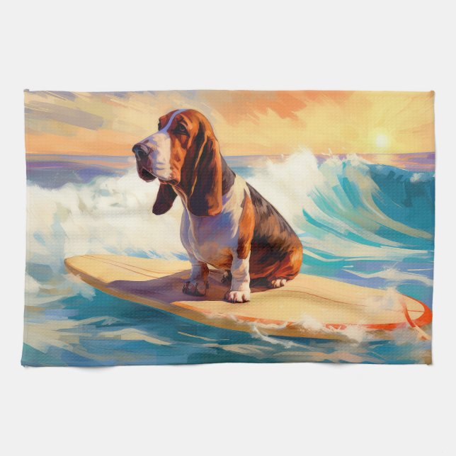 Basset Hound Beach Surfing Painting Kitchen Towel (Horizontal)