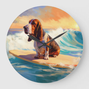 Basset Hound Beach Surfing Painting Large Clock