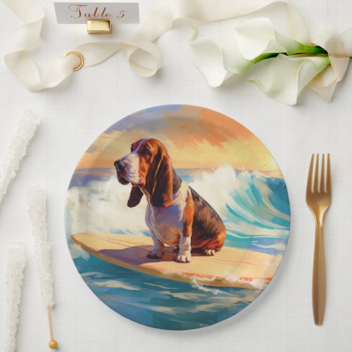 Basset Hound Beach Surfing Painting Paper Plates