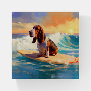 Basset Hound Beach Surfing Painting Paperweight