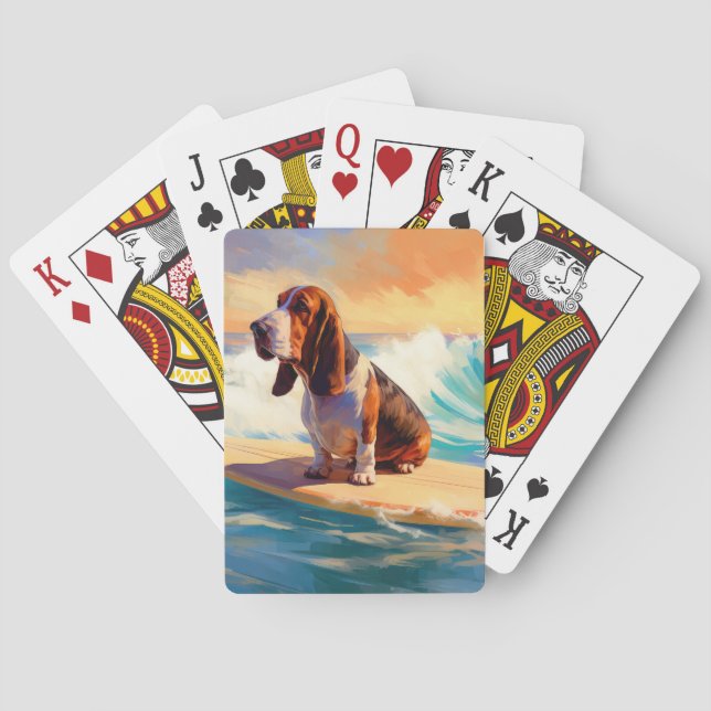Basset Hound Beach Surfing Painting Poker Cards (Back)