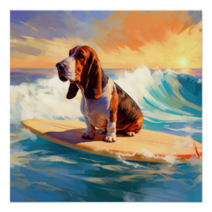 Basset Hound Beach Surfing Painting Poster