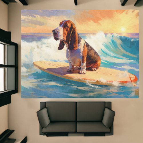 Basset Hound Beach Surfing Painting Rug