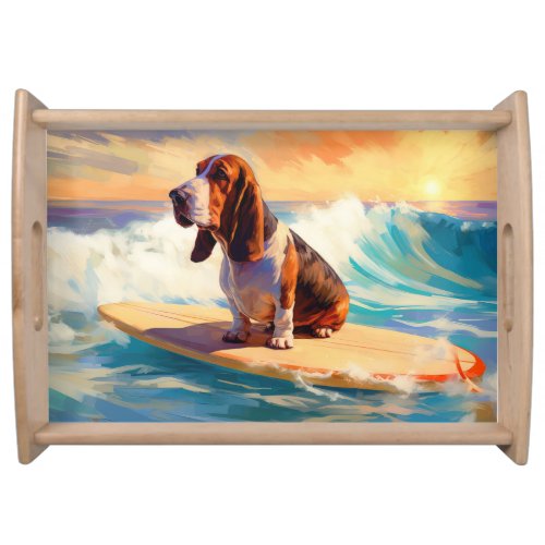 Basset Hound Beach Surfing Painting Serving Tray