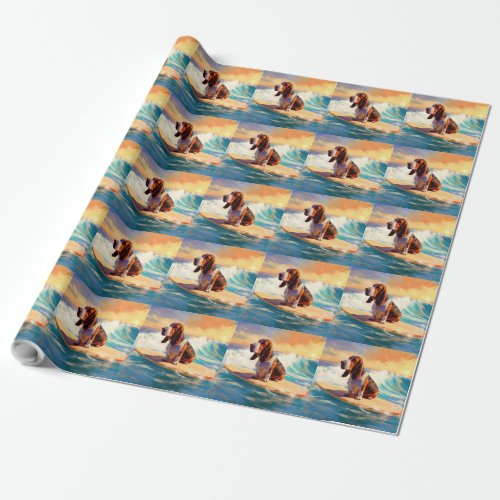 Basset Hound Beach Surfing Painting Wrapping Paper