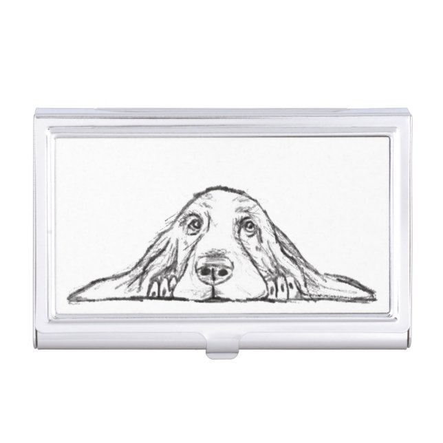 basset hound black white simple puppy dog eyes business card case (Front)
