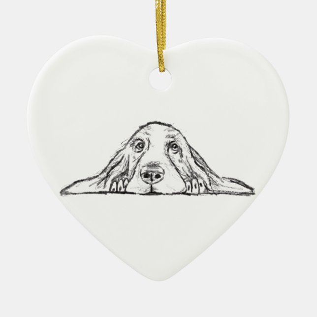 basset hound black white simple puppy dog eyes  ceramic ornament (Front)