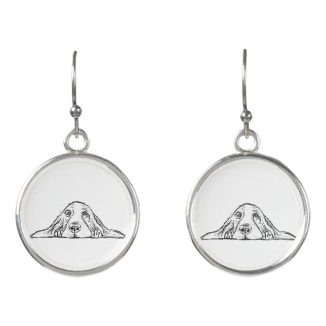 basset hound black white simple puppy dog eyes  earrings (Front)