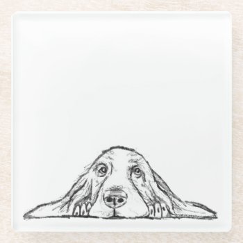 Basset Hound Black White Simple Puppy Dog Eyes  Glass Coaster by CharmedPix at Zazzle