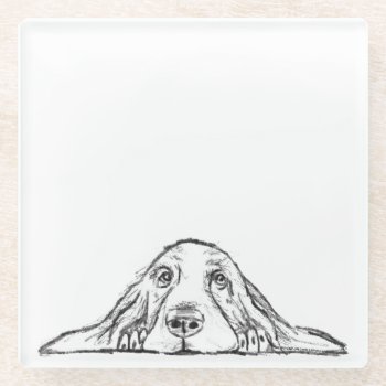 Basset Hound Black White Simple Puppy Dog Eyes  Glass Coaster by CharmedPix at Zazzle