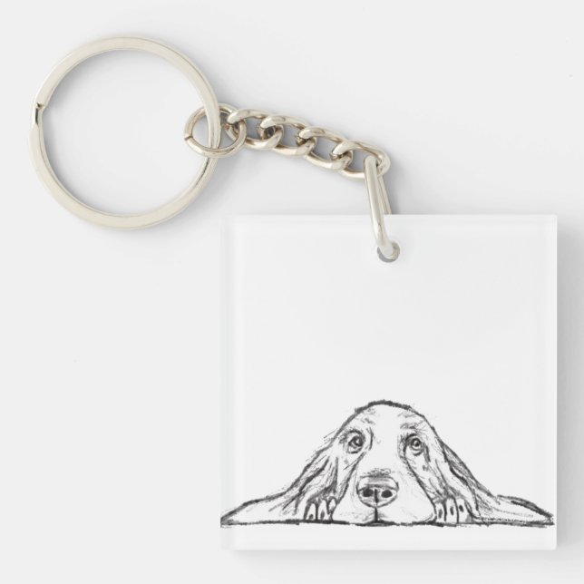 basset hound black white simple puppy dog eyes keychain (Front)
