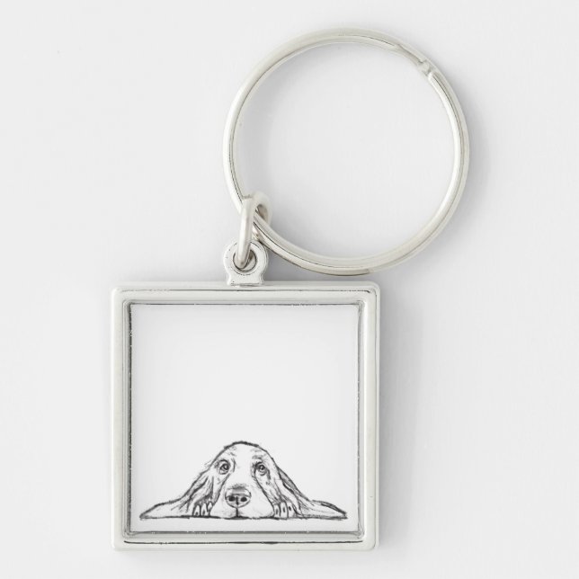 basset hound black white simple puppy dog eyes  keychain (Front)