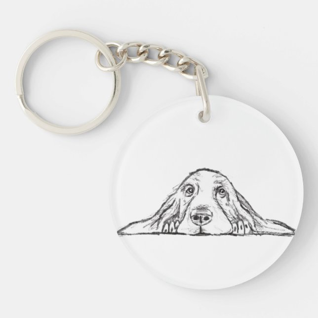 basset hound black white simple puppy dog eyes  keychain (Front)