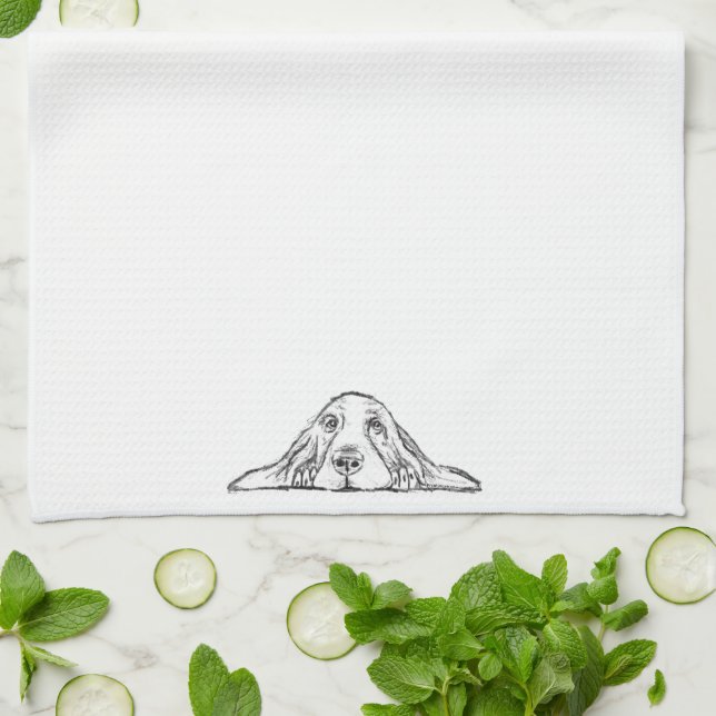 basset hound black white simple puppy dog eyes  kitchen towel (Folded)