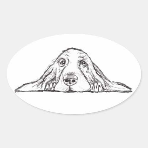 basset hound black white simple puppy dog eyes   oval sticker