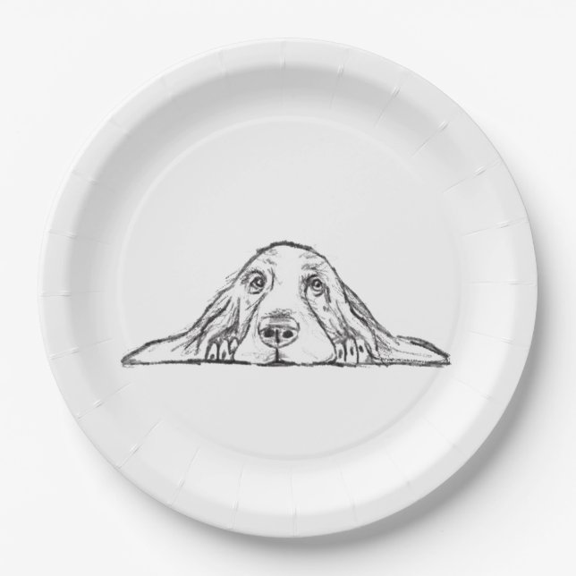 basset hound black white simple puppy dog eyes  paper plates (Front)