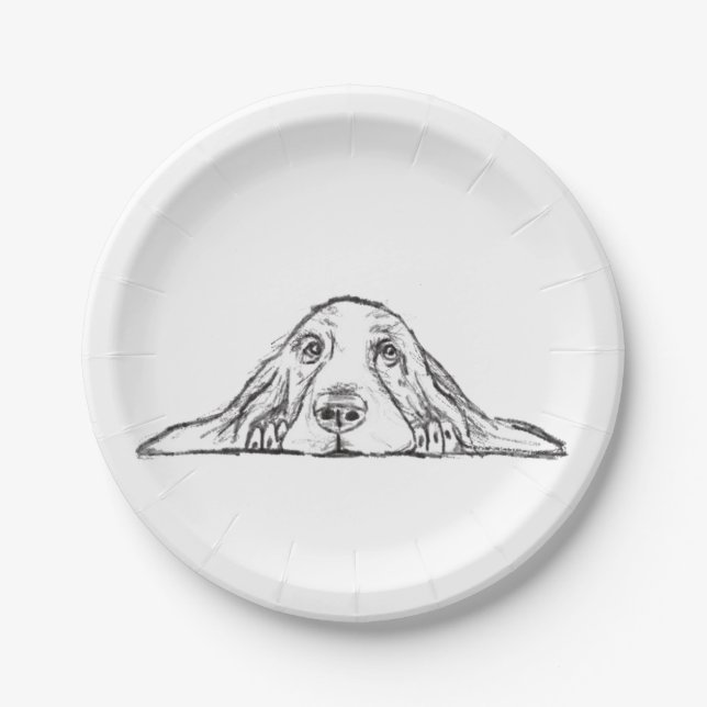 basset hound black white simple puppy dog eyes  paper plates (Front)