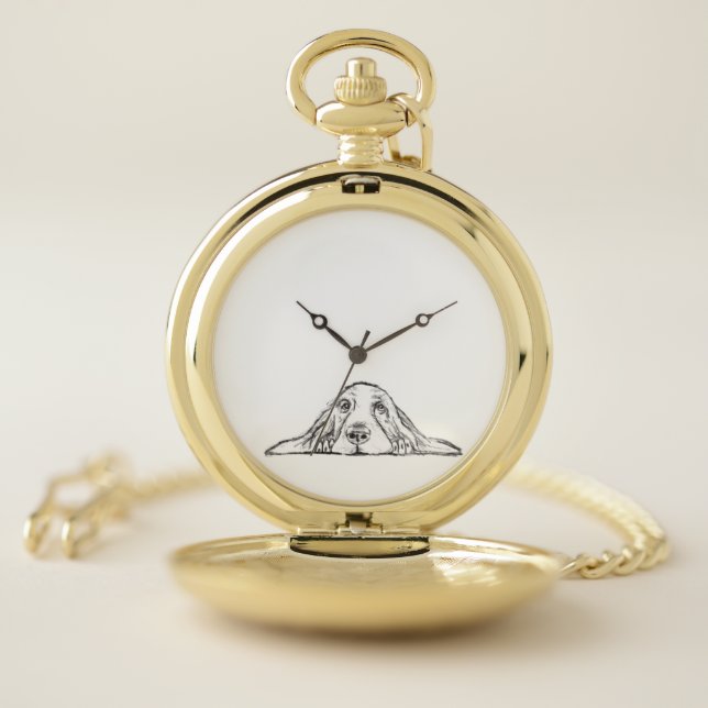 basset hound black white simple puppy dog eyes  pocket watch (Inside)