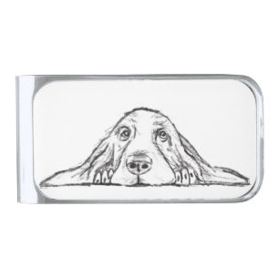 basset hound black white simple puppy dog eyes silver finish money clip